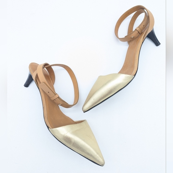 CHLOE See by Chloe Leather Strappy Pointed Toe Gold Kitted Heels - Picture 2 of 10